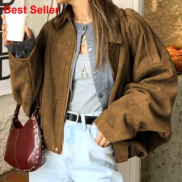 Faux Suede Bomber Jacket Oversized Streetwear Casual Long Sleeve - Picture 3 of 7